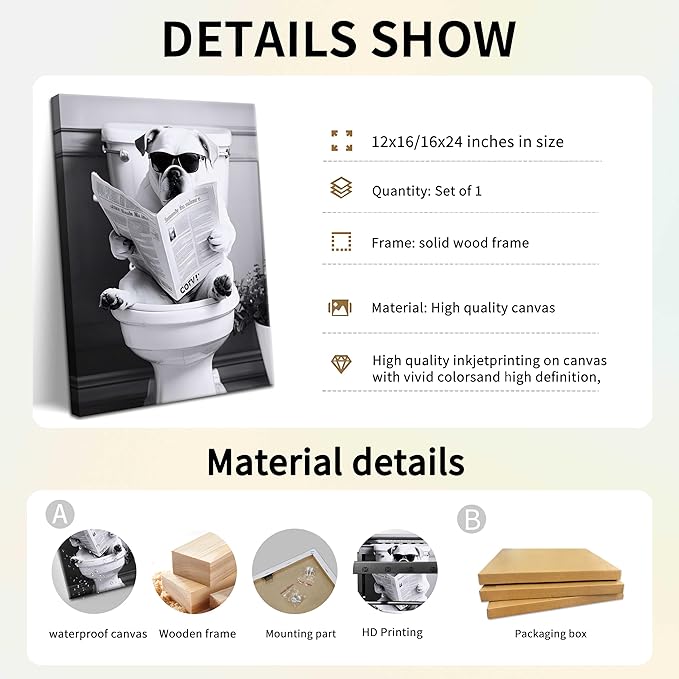 Funny Bathroom Picture Wall Decor - Dog Reading Newspaper on Toilet Canvas Wall Art, Framed Black and White Toilet Bathroom Poster Prints, Cute Animal Art Home Decor 12x16 inch