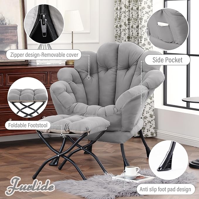 Lazy Chair with Ottoman, Modern Floral Reading Chair with Folding Footrest, Lounge Accent Chairs, Comfortable Oversized Armchairs for Bedroom, Living Room, Courtyard, Light Grey