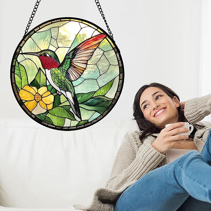 Stained Glass Window Hanging, Green Hummingbird Sun Catcher for Door Home Decor, Birds Suncatcher Christmas Mother's Day Birthday Gifts for Bird Lovers Women Men Mom and Nana 9.8 in