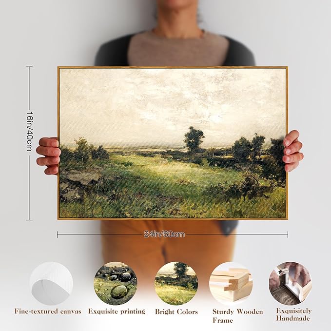 crmotu Framed Canvas Wall Art, Vintage Valley Landscape Painting, Nature Wilderness Scenery Art Prints, Retro Moody Pictures Wall Decor Living Room Bathroom Bedroom, Farmhouse Decor Artwork 16x24in