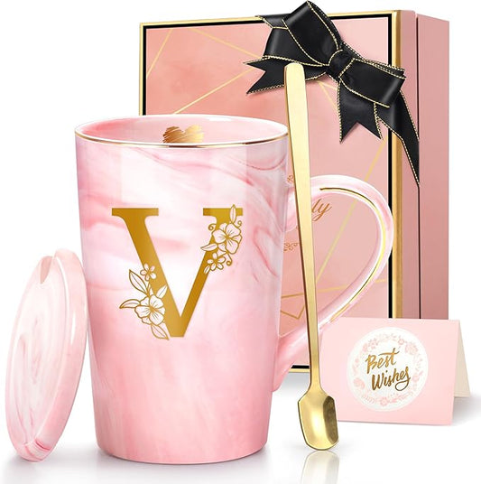 Coffee Mugs - Birthday Gifts for Women, Personalized Initial Customized Mug Tea Cup with Lid 14 Oz Pink, Spoon Greeting Card, Luxury Gift-Boxed Christmas Gift for Her Wife Mom Grandma Friend Unique,V