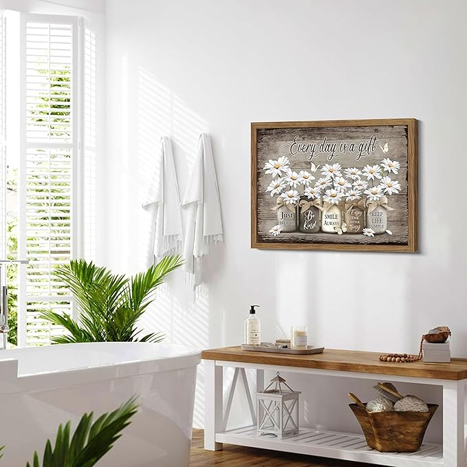 Rustic Bathroom Wall Art, Vintage Daisy Farmhouse Canvas Wall Decor Paintings, Flower Butterfly Inspirational Posters Prints Pictures Artwork for Bathroom Restroom 16x24 Inch Wood Framed