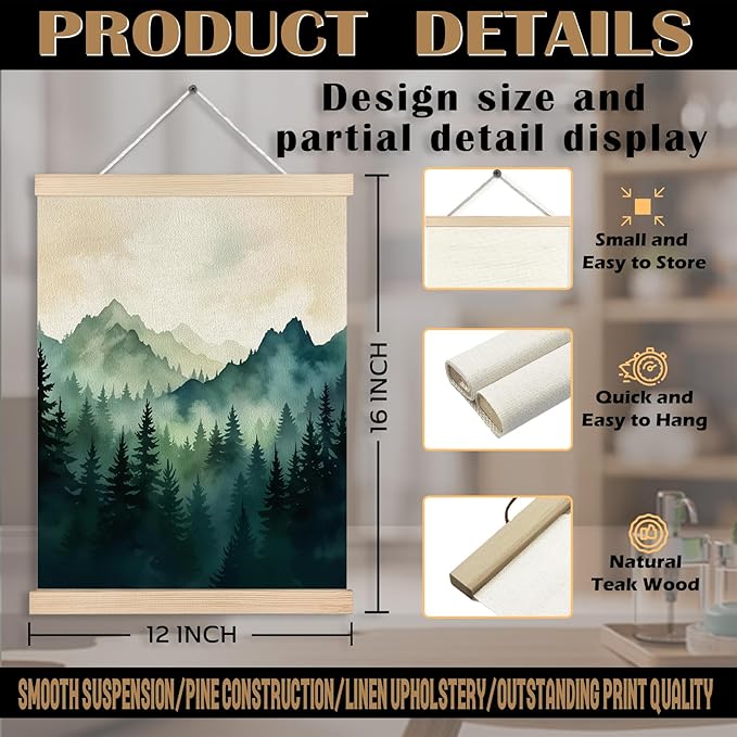 FITIE Misty Foggy Green Mountain Forest Canvas Wall Art Poster, Nature Room Decor, Dark Green Pine Forest Landscape Scenic Wall Decor Prints for Home Bedroom Living Room, 12x16 Inches