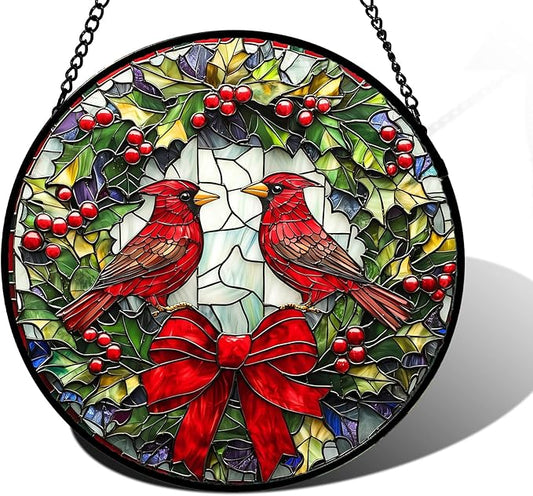 Stained Glass Window Hanging - Cardinals Green Wreath Suncatcher for Doors Home Christmas Decoration Red Bird Sun Catcher Thanksgiving New Year Birthday Gift for Women Men Mom Nana 7.8 in