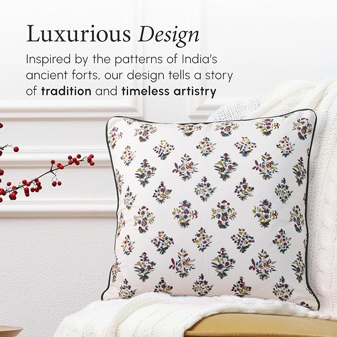 CPC 100% Cotton Throw Pillow Covers 20x20 Inch, Set of 2 Green Block Print Pattern Couch Pillow, Cute Boho Decorative Pillows for Living Room, Bedroom with Hidden Zipper- Fall Green