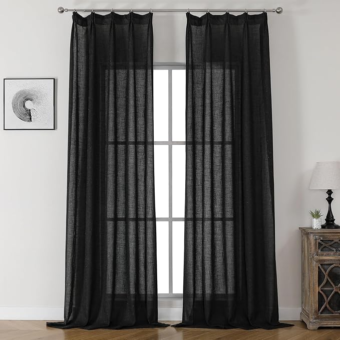 Black Semi Sheer Curtains 84 Inches Long, Linen Textured Light Filtering Drapes for Living Room Bedroom, Dark Moody Modern Farmhouse Window Decor, Pinch Pleat Curtain with Hooks
