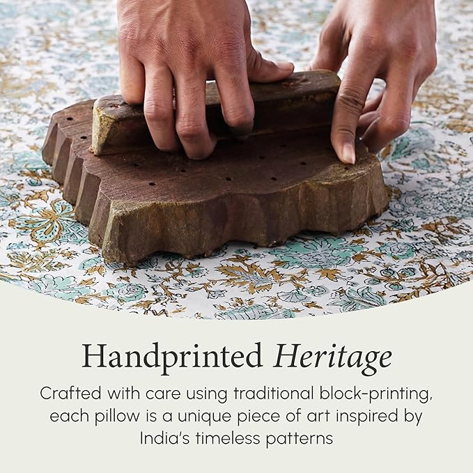 CPC 100% Cotton Throw Pillow Covers 24x24 Inch, Set of 2 Blue Block Print Pattern Couch Pillow, Cute Boho Decorative Pillows for Living Room, Bedroom with Hidden Zipper- Blue Topaz