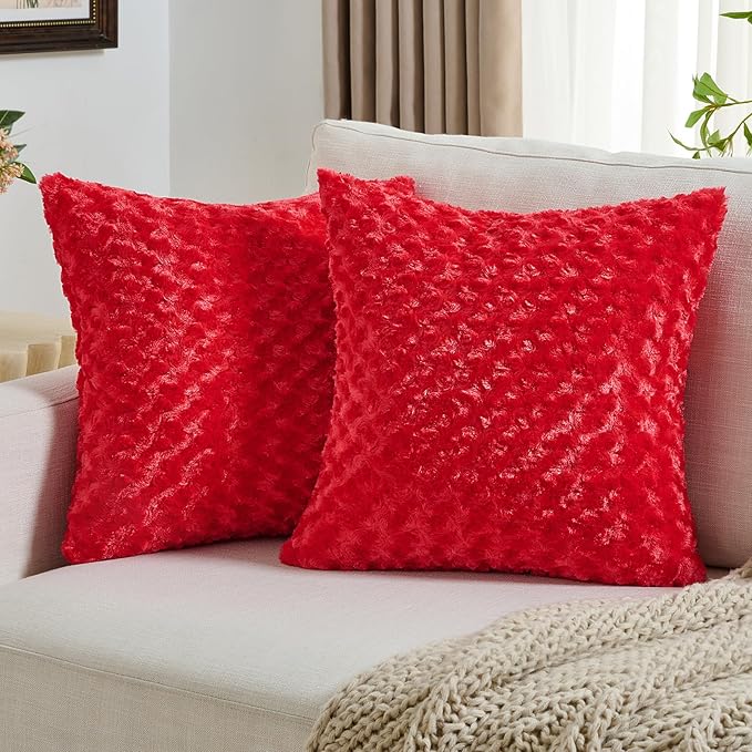FUTEI Red Decorative Throw Pillow Covers 24x24 Inch Set of 2,Soft Solid Rose Textured European Cushion Case,Modern Home Decor for Couch Sofa Bed Living Room