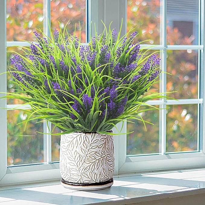 20 Bundles Artificial Plants Outdoor Fake Monkey Grass with Flowers (Purple)