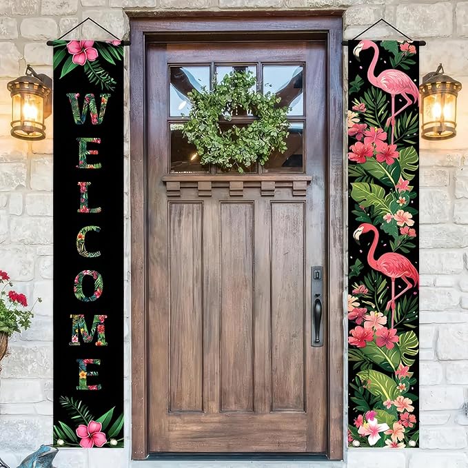 2pcs Black Pink Flamingo Door Banner Summer Hawaiian Porch Banners Sign Sunshine Hibiscus Floral Front Door Hanging Decor Banner for Seasonal Home Hawaii Tropical Party Outdoor Decorations