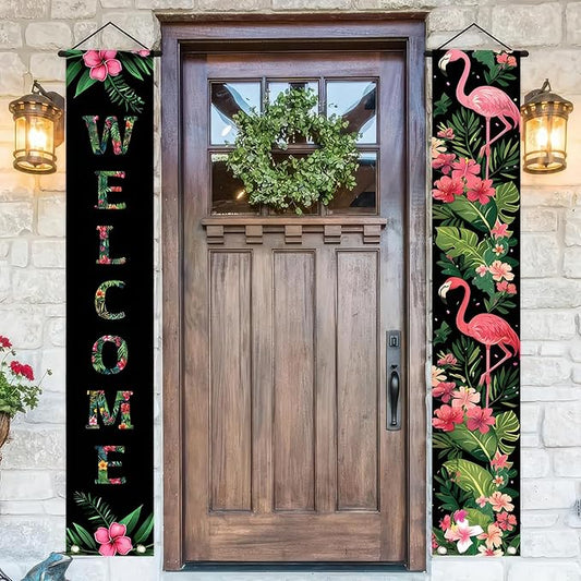 2pcs Black Pink Flamingo Door Banner Summer Hawaiian Porch Banners Sign Sunshine Hibiscus Floral Front Door Hanging Decor Banner for Seasonal Home Hawaii Tropical Party Outdoor Decorations