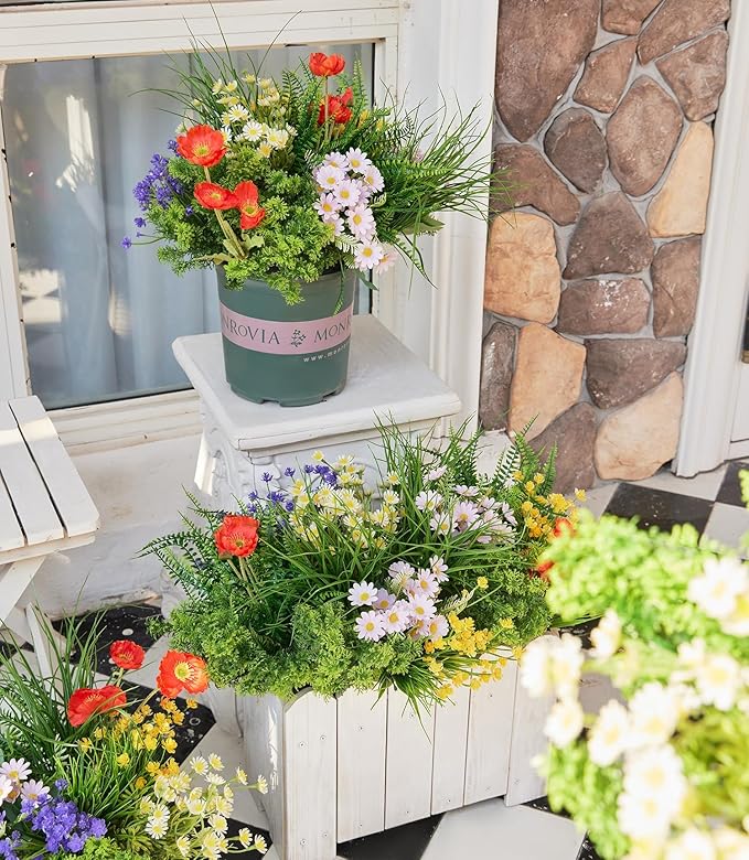 23Pcs Outdoor Artificial Boxwood UV Resistant Fake Stems Plants, Faux Plastic Greenery for Indoor Outside Hanging Plants Garden Porch Window Box Home Wedding Farmhouse Décor