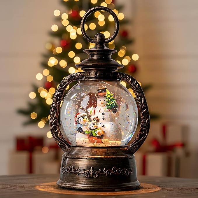 Christmas Snow Globe Lantern Water Glittering Snowman & Penguins with Music & Timer, USB Lined/Battery Operated Lighted Lantern for Christmas Festival Decoration Gifts