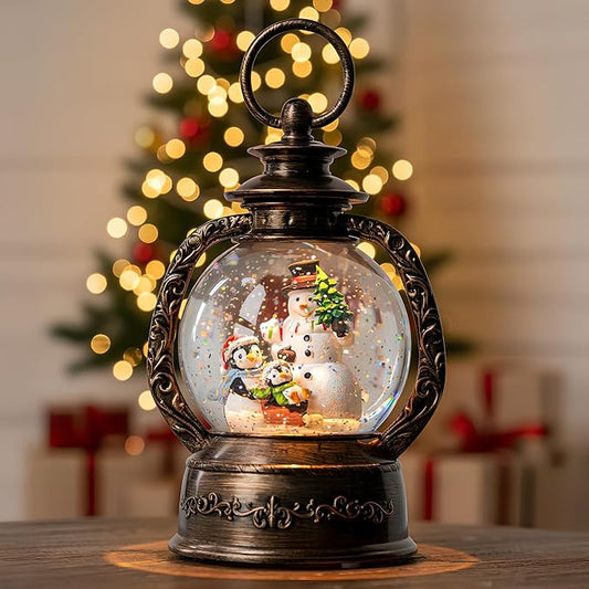Christmas Snow Globe Lantern Water Glittering Snowman & Penguins with Music & Timer, USB Lined/Battery Operated Lighted Lantern for Christmas Festival Decoration Gifts