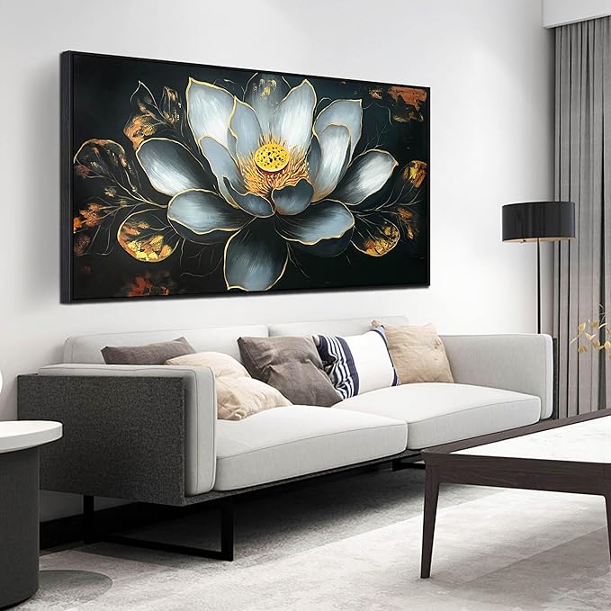 Lotus Flower Painting Wall Art for Bedroom - Black and White Hand Painted Wall Art for Living Room Large Size - Black Framed Wall Decor Size 29" x 59"