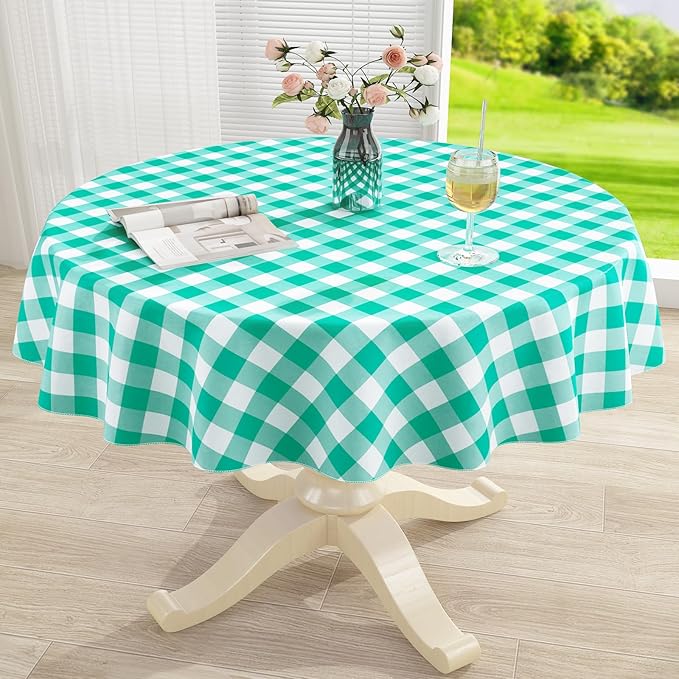 misaya Round Waterproof Vinyl Table Cloth, Buffalo Flannel Backed Tablecloth, Wipeable Plastic Table Cover for Dinner, Kitchen, Picnic (60", Green and White)