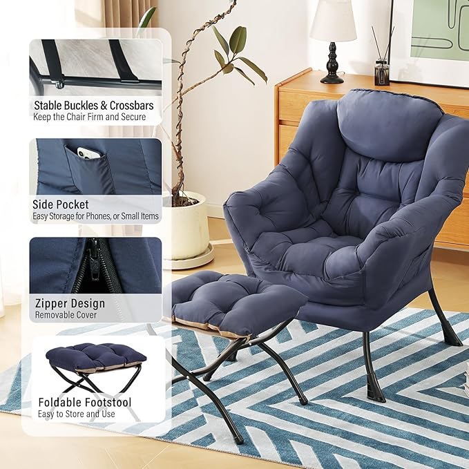 Lazy Chair with Ottoman, Modern Chair with Folding Footrest, Lounge Accent Chair, Comfortable Reading Chair (Navy Blue)