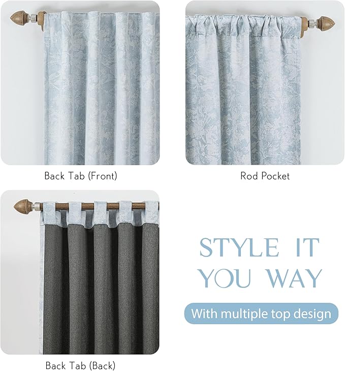 Beauoop Blue Floral Jacquard Blackout Curtains 63 Inches Long 2 Panels for Bedroom Living Room Chenille Flower Room Darkening Thermal Insulated Soundproof Rod Pocket Back Tab Window Drapes, 52x63