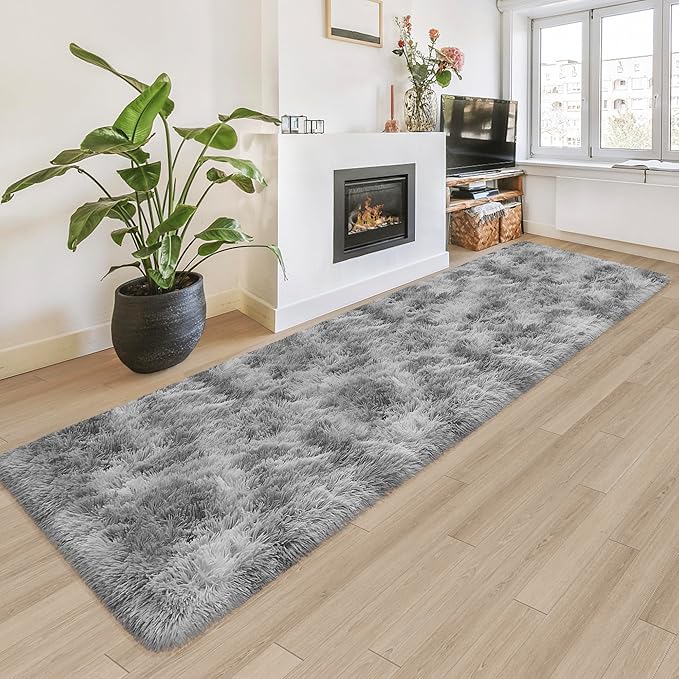 Super Soft Fluffy Living Room Area Rug 2x8 ft Tie-Dyed Light Grey Shaggy Furry Carpet Washable Non-Slip Floor Rugs Bedroom Bedside Nursery Rug Fuzzy Boys Girls Dorm Home Decor Aesthetic