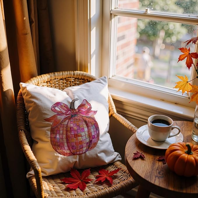 Coquette Pink Bow Disco Ball Pumpkin Fall Pillow Covers 18x18, Preppy Fall Decor, Funky Y2K Girly Pumpkin Autumn Decorative Throw Pillow Covers for Girls Room Dorm Home Bedroom Living Room