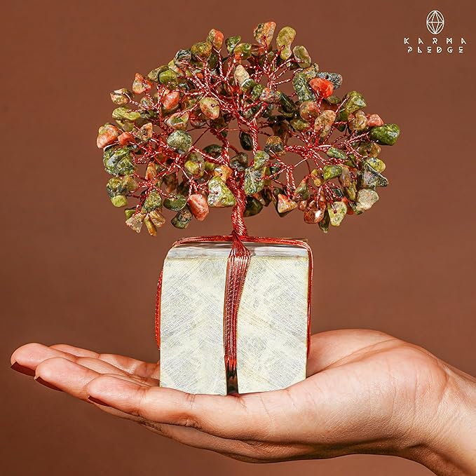 Crystal Tree for Birthday Gifts for Women, Handmade Raw Crystal Base Unakite Chakra Healing Crystal Tree of Life for Positive Energy, Money, Good Luck, Christmas Décor, Home and Office Decor