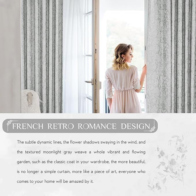 Beauoop Grey Floral Jacquard Blackout Curtains 84 Inches Long for Patio Sliding Door Extra Wide Chenille Flower Divider Room Darkening Thermal Soundproof Grommet Window Drapes, 100x84 Set of 1