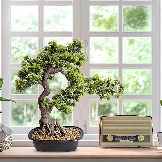 Artificial Bonsai Plant, Large Faux Juniper Plants 20 inch, Faux Potted Pine Plants Indoor Decor for Office Desk Home Table, Greenery Desktop Bonsai Tree for Room Decorations, Tall 20"