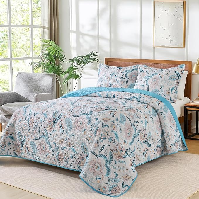 VAPUTAR Garden King Size Bedspread for Adults - Floral Quilt King Size Bedding Set (98 x 106 inch) with 2 Pillow Shams - Lightweight Reversible Coverlet Quilt for Bedroom, 3 Pieces
