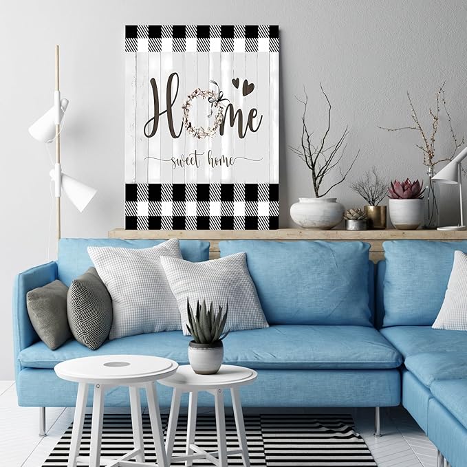 Black and White Canvas Wall Art 12x16in Sweet Home Wall Decor Rustic Plaid for Home Office Bathroom Bedroom Decor Canvas Wall Art