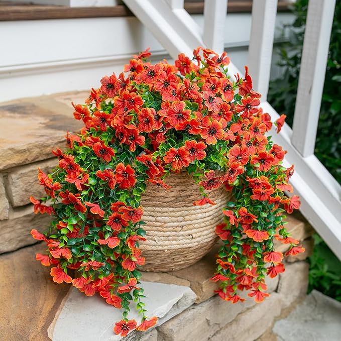 HyeFlora Artificial Fall Flowers for Outdoors Fake Hanging Decoration, 2Pcs Orange Daisy with Autumn Leaves, Realistic Plants Decor, UV & Fading Resistant Silk Flower for Porch Patio Balcony