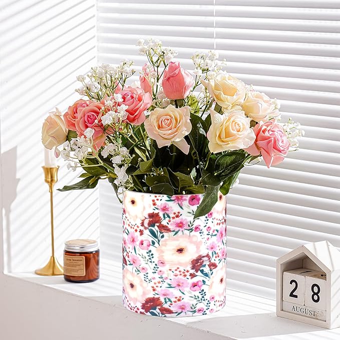 Kitchen Utensil Holder,7.2″Extra Large Stable Pattern Ceramic Utensil Crock,Utensil Organizer for Countertop,Kitchen Decor,Utensil Holder for Housewarming,Wedding Gift (Pink White)