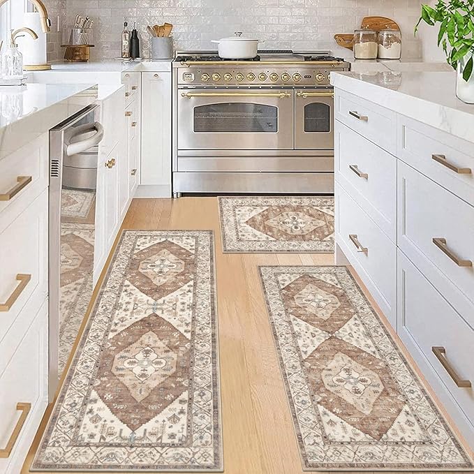 Pauwer Kitchen Mats for Floor 3 Piece Set Boho Non Slip Kitchen Rugs Washable Farmhouse Kitchen Floor Mats Thick Long Kitchen Throw Area Rug Carpet Runner for Hallway Laundry Bathroom, Caramel