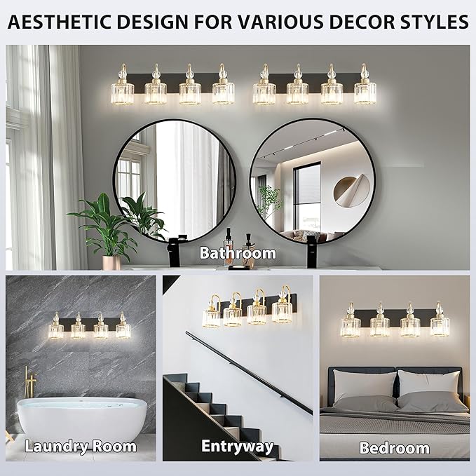 Bathroom Vanity Light Fixtures Over Mirror - Makeup Lighting Black Gold - for Modern Wall, Bath, Desk, Farmhouse, Hallway - 4 Crystal Lights