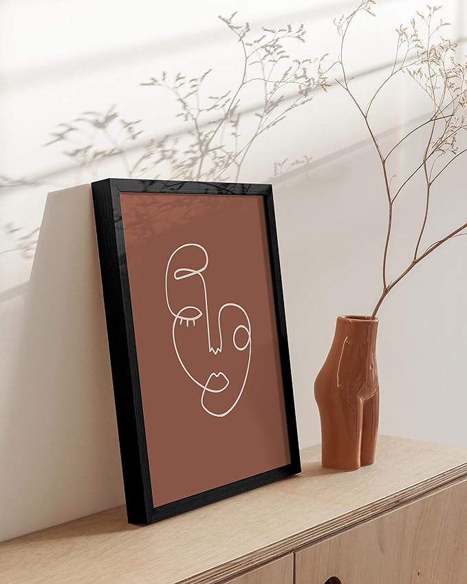 HAUS AND HUES Woman Drawing Line Art Wall Decor - Female Figure Wall Art, Silhouette Drawings Artwork Line Drawing Wall Art Minimalist Wall Decor, Clay Abstract Face (Black Framed, 12x16)