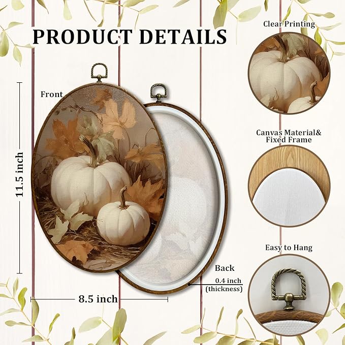 JQF Vintage Fall Pumpkin Oval Wall Art, Farmhouse Autumn Pumpkin Maple Leaf Oval Canvas Wall Art, Retro Rustic Fall Framed Prints Hanging Decor for Home Bedroom Living Room, 8.5x11.5 Inch