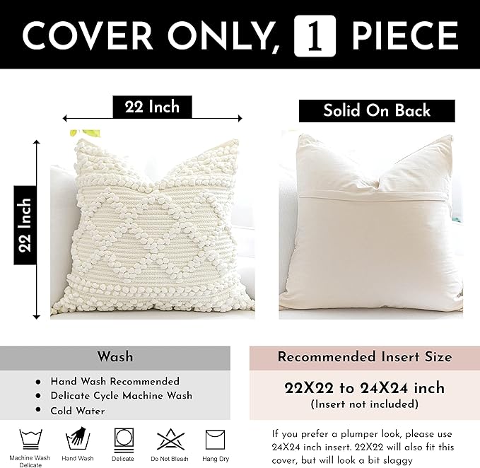Pure White Decorative Throw Pillow Cover 22X22, Boho Accent Pillow for Couch, Square Modern Farmhouse Pillowcase for Living Room Couch Sofa Cushion Home Décor (Pack of 1)