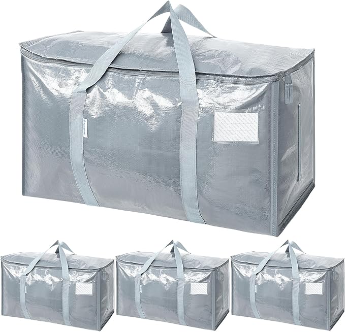TICONN 4 Pack Extra Large Moving Bags with Zippers & Carrying Handles, Heavy-Duty Storage Tote Moving Boxes for Space Saving (4 Pack, Light Grey)