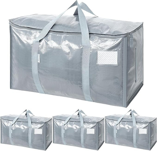 TICONN 4 Pack Extra Large Moving Bags with Zippers & Carrying Handles, Heavy-Duty Storage Tote Moving Boxes for Space Saving (4 Pack, Light Grey)