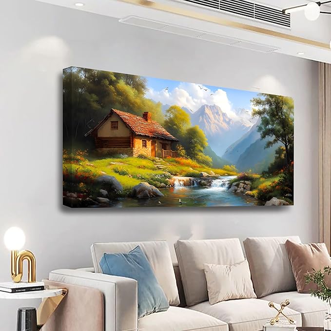 Country House Wall Art Bedroom Landscape Wall Decor Living Room,Oil Painting Green Forest Canvas Wall Art Office Farmhouse Artwork Modern Flowing Water SceneryWall Art Prints Pictures 20 * 40inch