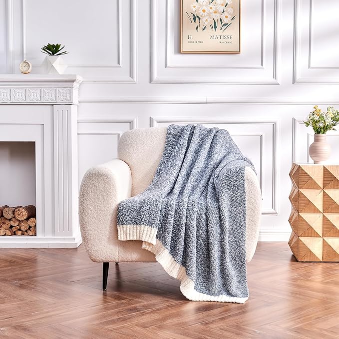 CozeCube Melange Blanket, Ultra Soft Blue and White Throw Blanket, Warm Cozy Knit Fuzzy Plush Reversible Throw for Couch Bed Sofa, 60"x80"