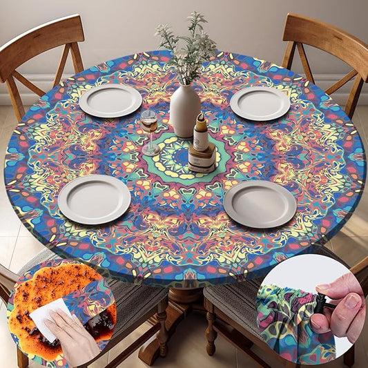Round Tablecloth Waterproof Boho Fitted Vinyl Table Cloth Summer Fall Outdoor Circle Cover for 36-44" Tables Kitchen Dining Apartment Essentials Camping Picnic Party Decor Housewarming Gifts