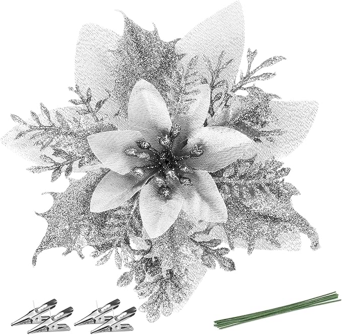 Christmas Poinsettia Artificial Flowers Decorations 5.5" Christmas Tree Wreaths Garland Decoration 12 Pcs Glitter Flowers Picks Decor for Xmas New Year Wedding Party Ornaments (Silver)