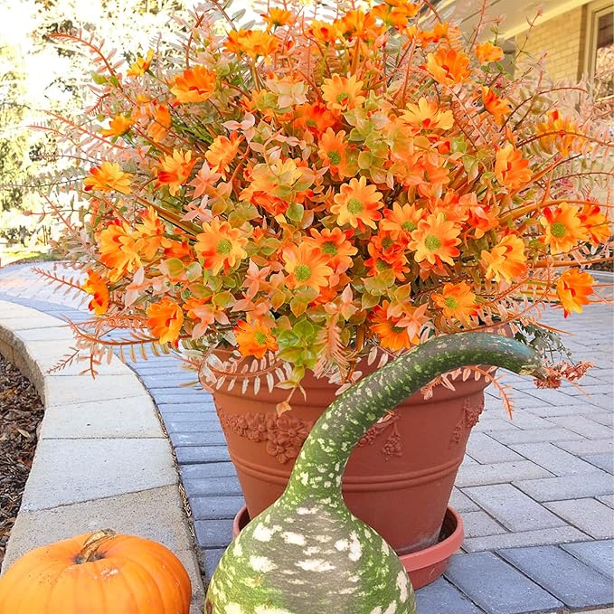 24 Pcs Artificial Fall Flowers for Outdoors Fake Fall Flowers UV Resistant Faux Fall Mums Plants Autumn Decor for Outside Home Planter Front Porch Garden