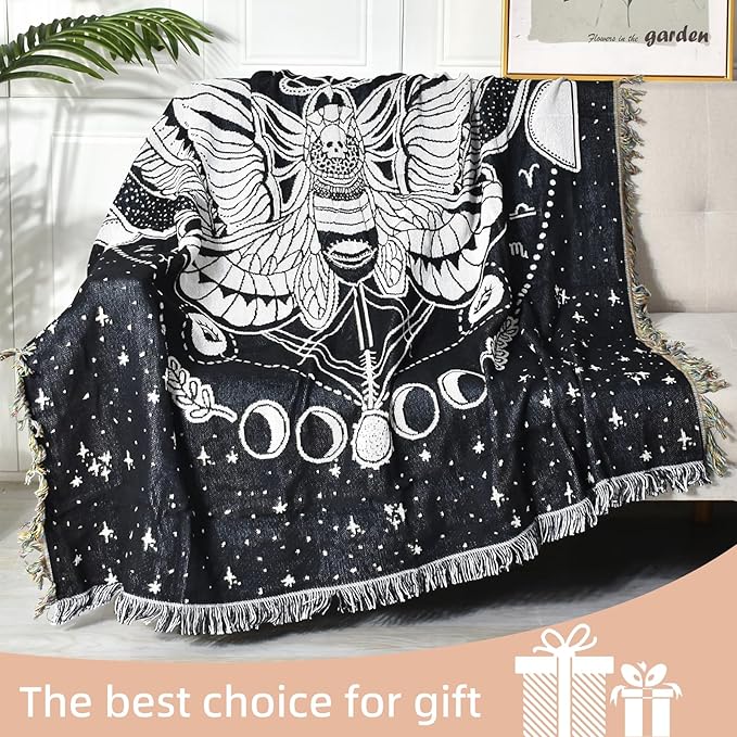 Boho Throw Blanket Reversible Cotton Bohemian Tapestry Hippie Room Decor Double Sided (Month Moth Black 50"x60")