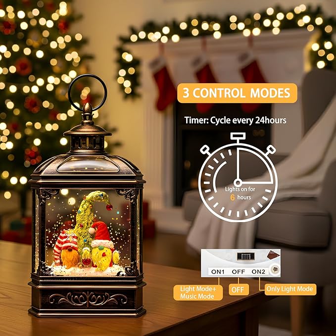 Christmas Snow Globe Lantern Water Glittering Gnomes Scandinavian Santa Elf with Music, USB Lined/Battery Operated Lighted Lantern for Christmas Festival Decoration Gifts