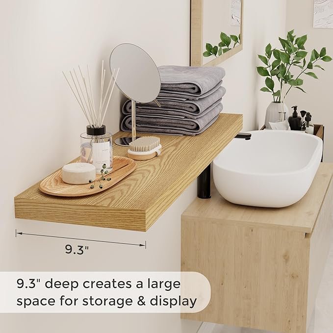 Fun Memories 36x9.3 Floating Shelves for Wall, Wood Floating Shelf 36 Inch Long, Large Deep Wall Shelves for Home Decor & Storage, Rustic Deep Shelf for Living Room, Bedroom, Kitchen, Oak Color