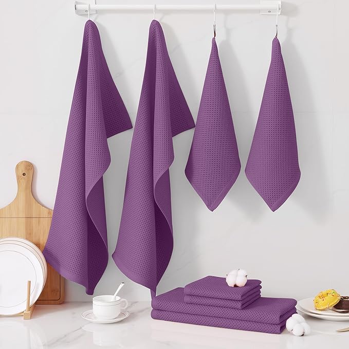Homaxy 100% Cotton Kitchen Towels and Dishcloths Set, 12 x 12 Inches and 13 x 28 Inches, Set of 12 Bulk Kitchen Towels Set, Ultra Soft Absorbent Dish Cloths for Washing Dishes, Purple
