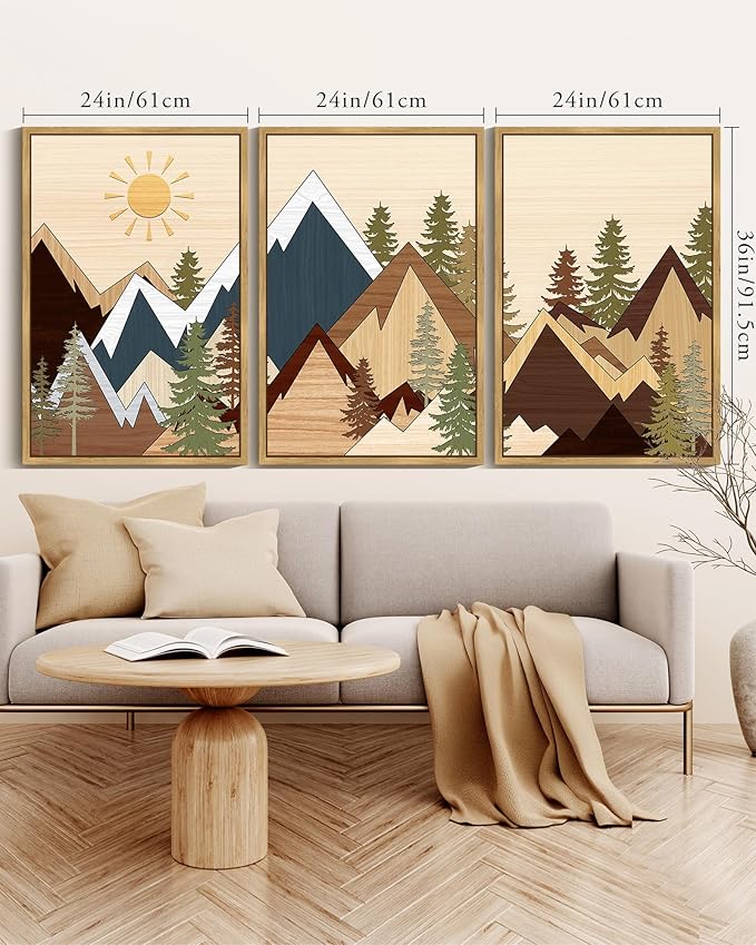 KUVIOKE Morden Mountains Pine Tree Forest Framed Wall Art Sunrise Boho Nature Landscape Artwork Bohemain Farmhouse Bedroom Living Room Decor 24x36in (Natural Framed)