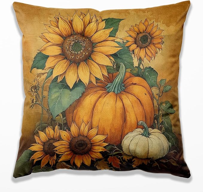 Vintage Fall Sunflower Pumpkin Pillow Covers 18x18,Autumn Pillow Cases Decor,Fall Autumn Pumpkin Decorative Cushion Covers for Home Bedroom Living Room