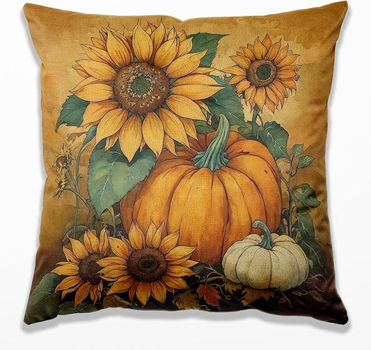 Vintage Fall Sunflower Pumpkin Pillow Covers 18x18,Autumn Pillow Cases Decor,Fall Autumn Pumpkin Decorative Cushion Covers for Home Bedroom Living Room